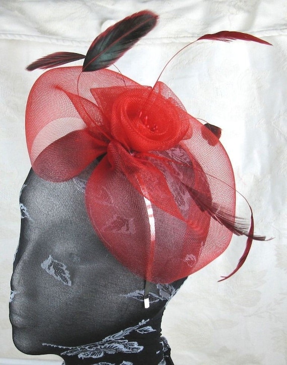 red feather fascinator millinery burlesque headband wedding hat hair piece