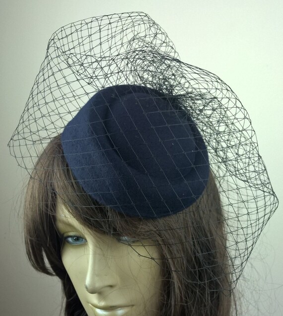 Navy blue pill box hat black french veil veiling fascinator Etsy