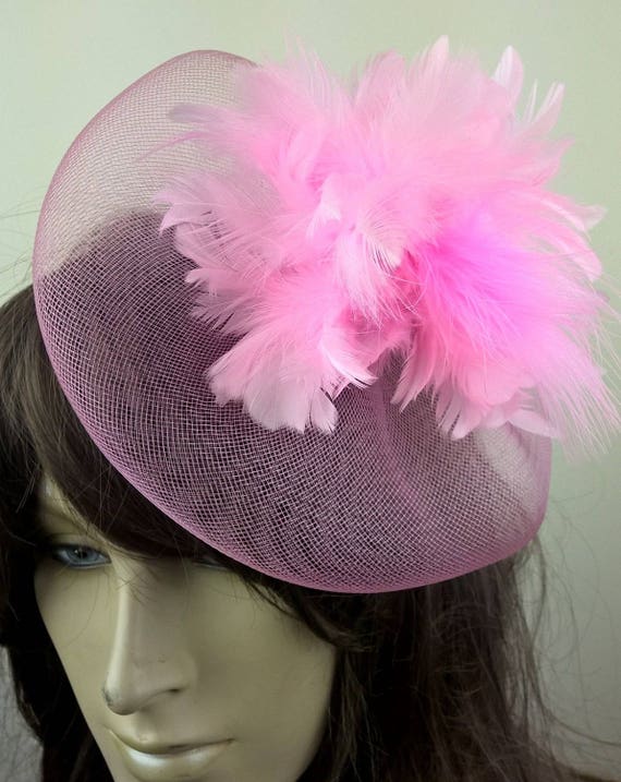 pink feather flower crin netting fascinator millinery burlesque hair clip hen party bridal ascot race fancy dress british
