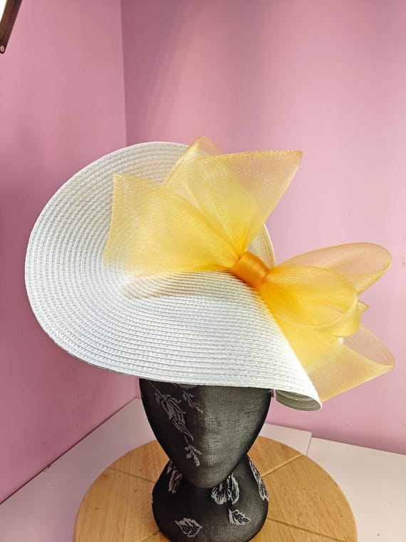 white gold straw crinoline bow fascinator millinery burlesque wedding hat on headband royal ascot party house race cosplay Kentucky derby