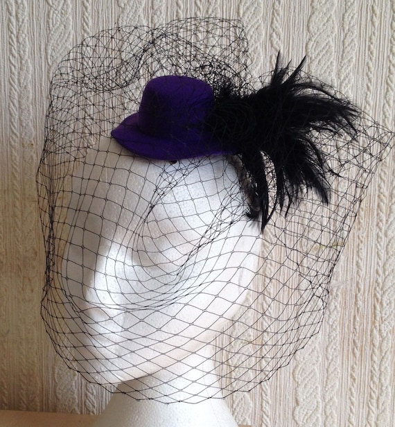 black feather french veil veiling purple mini top hat fascinator millinery burlesque hair clip hen party bridal ascot race fancy dress