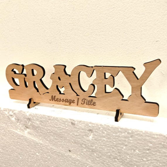 Personalised bespoke custom made laser cut engraved wood name word desk table stand free standing wall door plaque  sign logo design service