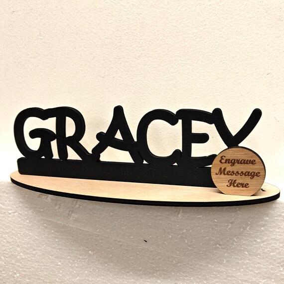 Black personalised custom made laser cut engraved wood wooden letter name word number desk table stand plaque sign logo design office home