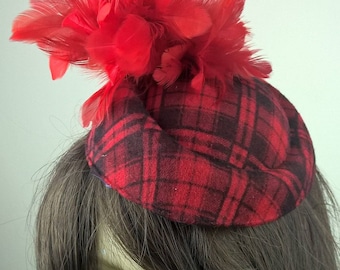 red tartan felt pill box hat feather fascinator millinery burlesque hair clip hen party bridal ascot race fancy dress British