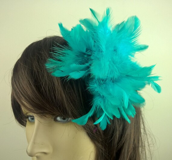 turquoise green feather fascinator millinery burlesque hair clip hen party bridal ascot race fancy dress british