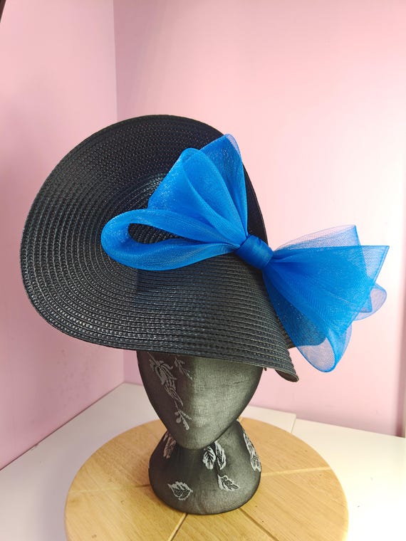 black blue straw crinoline bow fascinator millinery burlesque wedding hat on headband royal ascot party house race cosplay Kentucky derby