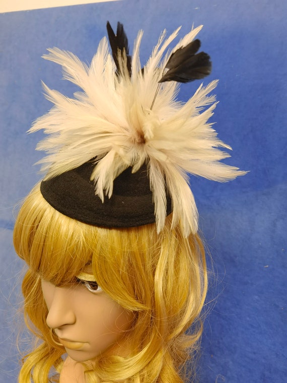 Cream feather black pill box hat fascinator millinery burlesque hair clip hen party bridal ascot race fancy dress British