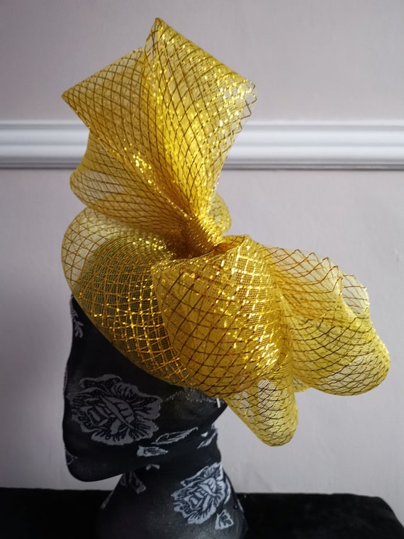 gold yellow crin fascinator millinery burlesque headband wedding hat hair piece