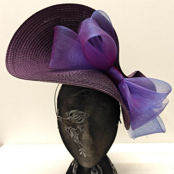 dark purple large straw crinoline bow fascinator millinery burlesque wedding hat on headband ascot party race cosplay