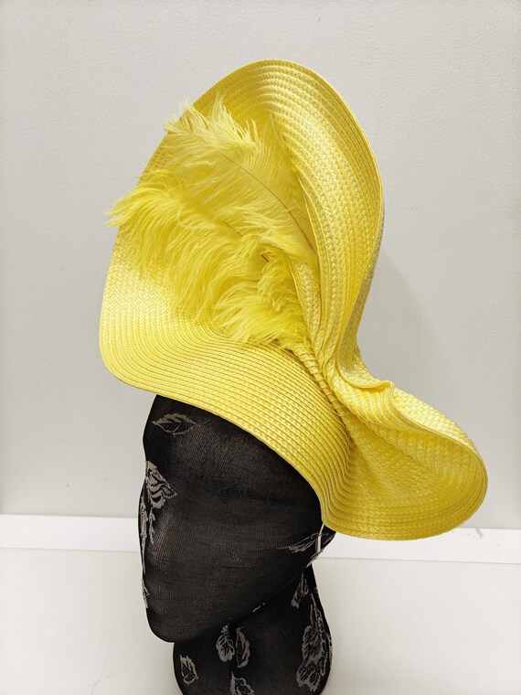 yellow large straw fascinator millinery burlesque wedding hat on headband ascot party race cosplay handmade unique design