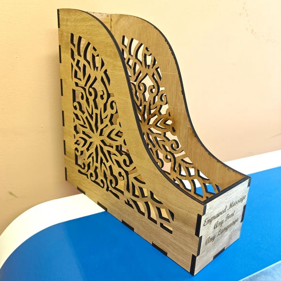 personalised bespoke custom made wood file book folder holder storage box laser cut letter word message number engraved shelf home office