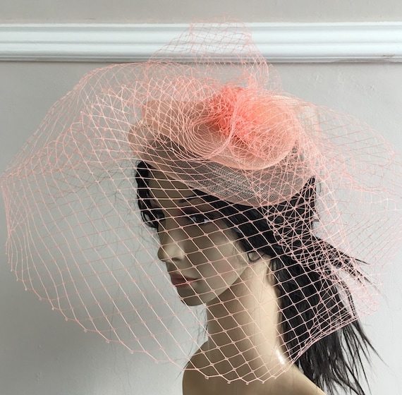 peach coral crin french veil veiling fascinator millinery burlesque hair clip hen party bridal ascot race fancy dress wedding British hat