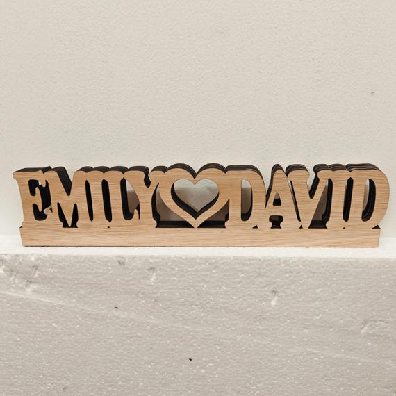 Personalised bespoke love heart laser cut engraved wood name word desk table stand free standing wall door plaque sign logo design service