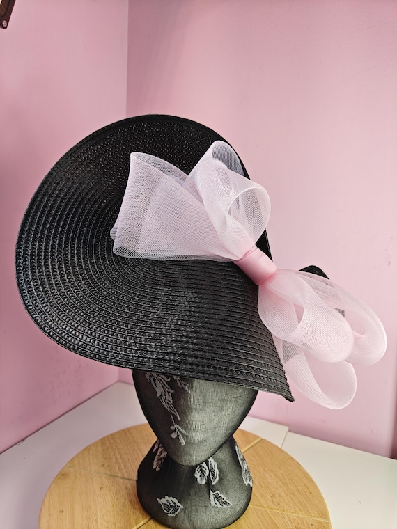 black pink straw crinoline bow fascinator millinery burlesque wedding hat on headband royal ascot party house race cosplay Kentucky derby