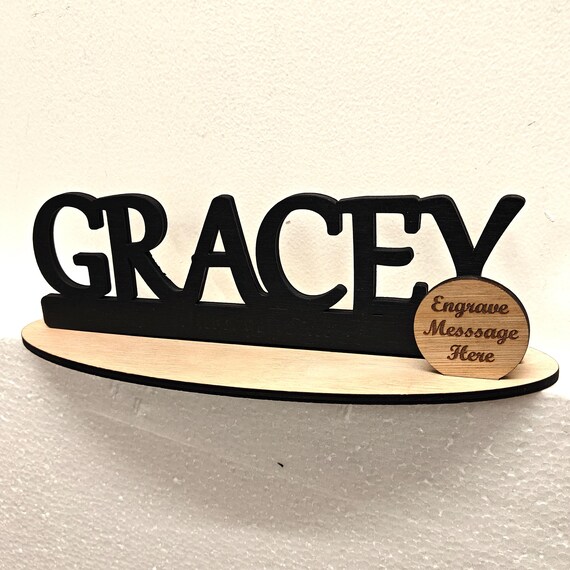 Black personalised custom made laser cut engraved wood wooden letter name word number desk table stand plaque sign logo design office home