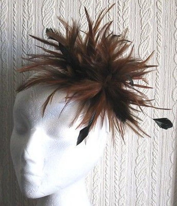 brown black feather fascinator millinery burlesque hair clip brooch hen party bridal ascot race fancy dress british