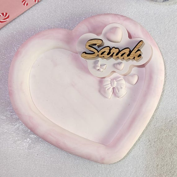 Custom hand made personalised bespoke real hard solid wood laser cut name word plaster gypsum jewellery coin trinket key tray dish plate