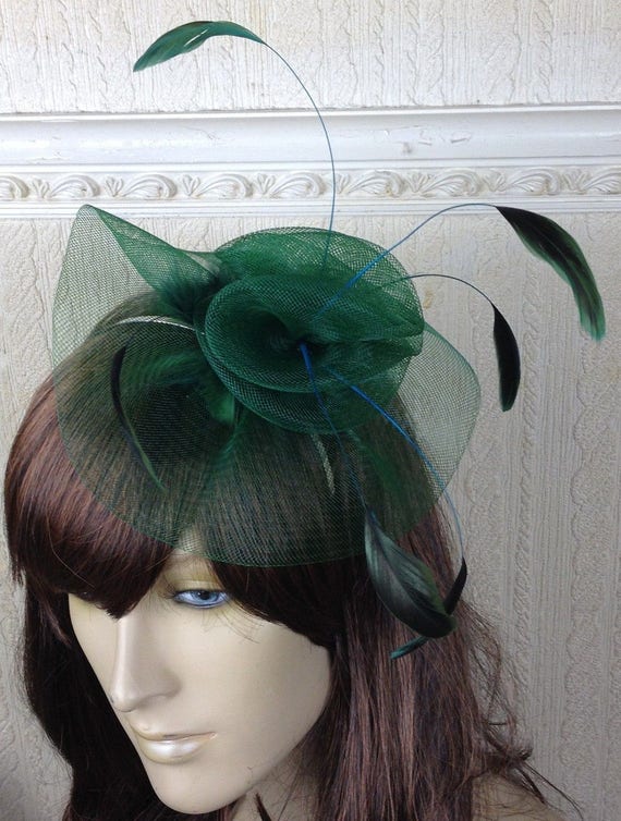 green feather fascinator millinery burlesque headband wedding hat hair piece