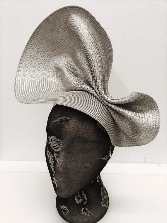 grey silver large straw fascinator millinery burlesque wedding hat on headband ascot party race cosplay handmade unique design