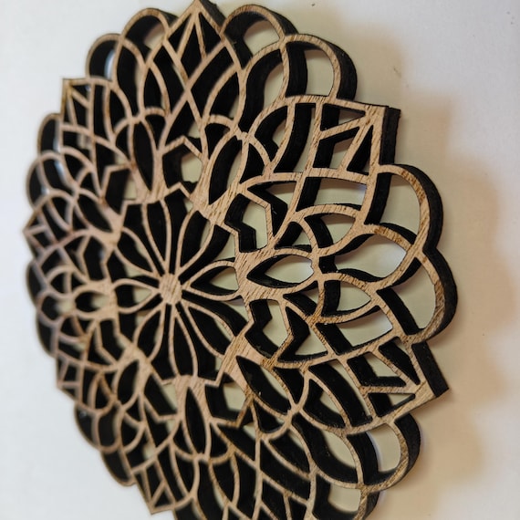 real solid hard wood small mandala flower pattern picture art craft supply DIY laser cut wooden plywood padauk chinaberry wenge camphor