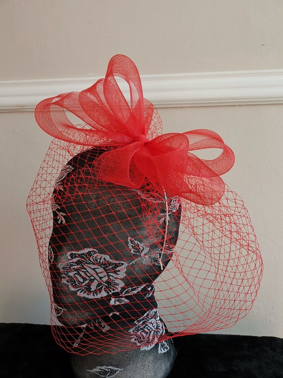 red veil veiling crin fascinator millinery burlesque headband wedding hat hair piece