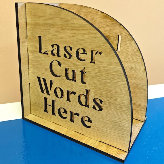 wood personalised custom made bespoke file book stand bookends stopper folder holder storage laser cut word message letter shelf home office