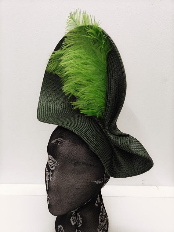 dark green large straw fascinator millinery burlesque wedding hat on headband ascot party race cosplay handmade unique design