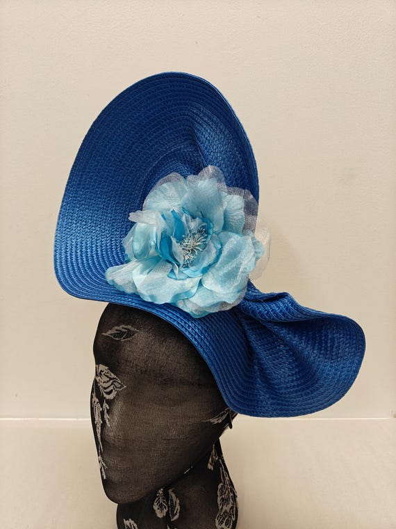 blue large straw fascinator flower millinery burlesque wedding hat on headband ascot party race cosplay handmade unique design