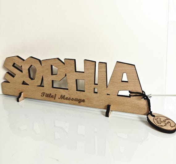 Personalised bespoke custom made laser cut engraved wood name word desk table stand free standing wall door plaque  sign logo design service