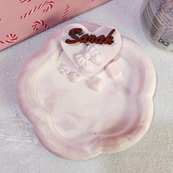 Custom hand made personalised bespoke real hard solid wood laser cut name word plaster gypsum jewellery coin trinket key tray dish plate