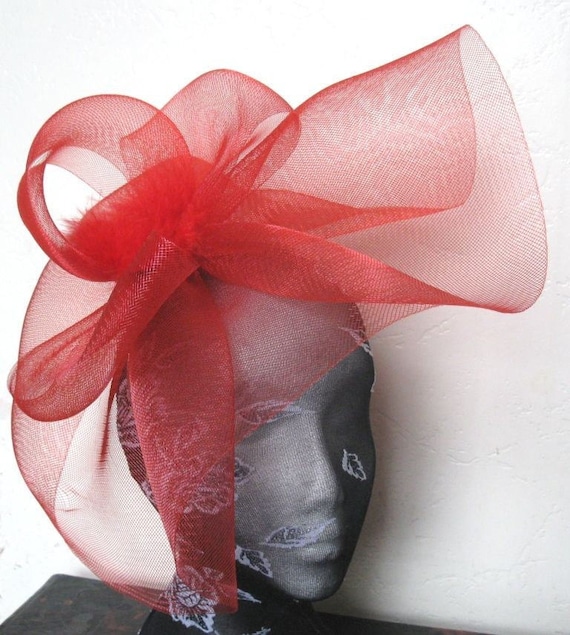 red feather fascinator millinery burlesque headband wedding hat hair piece