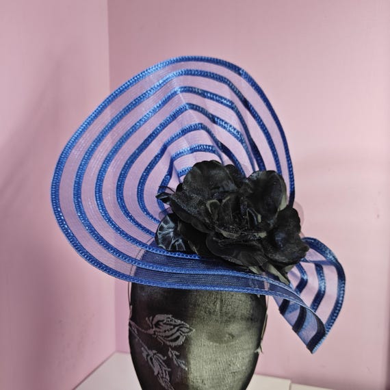 blue black large fascinator satin flower millinery wedding hat headband party race handmade cosplay Kentucky Derby Royal Ascot