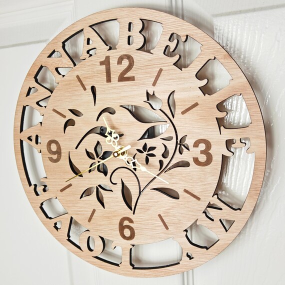 custom made personalised bespoke wood wooden laser cut engraved round wall clock name word letter message birthday wedding anniversary gift