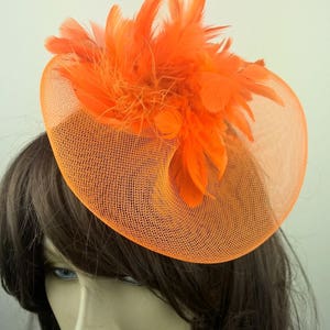 orange feather flower crin netting fascinator millinery burlesque hair clip hen party bridal ascot race fancy dress british