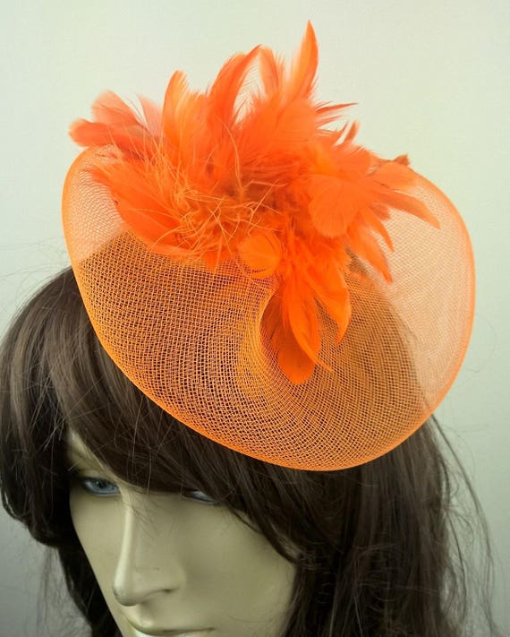 orange feather flower crin netting fascinator millinery burlesque hair clip hen party bridal ascot race fancy dress british