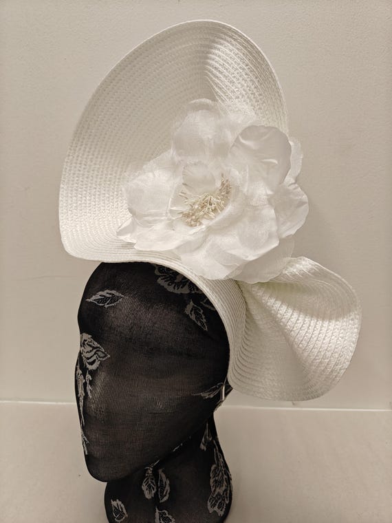 white large straw fascinator flower millinery burlesque wedding hat on headband ascot party race cosplay handmade unique design