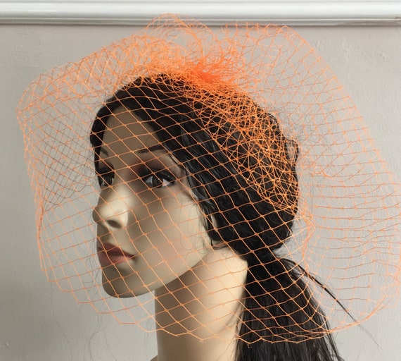 orange french veil veiling fascinator millinery burlesque hair clip hen party bridal ascot race fancy dress wedding British hat