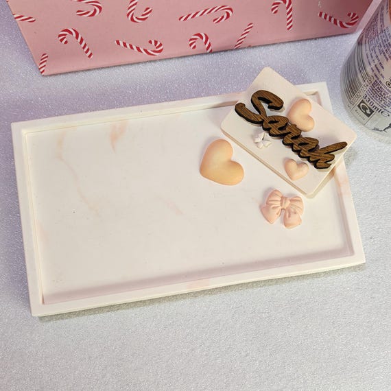 Custom hand made personalised bespoke real hard solid wood laser cut name word plaster gypsum jewellery coin trinket key tray dish plate