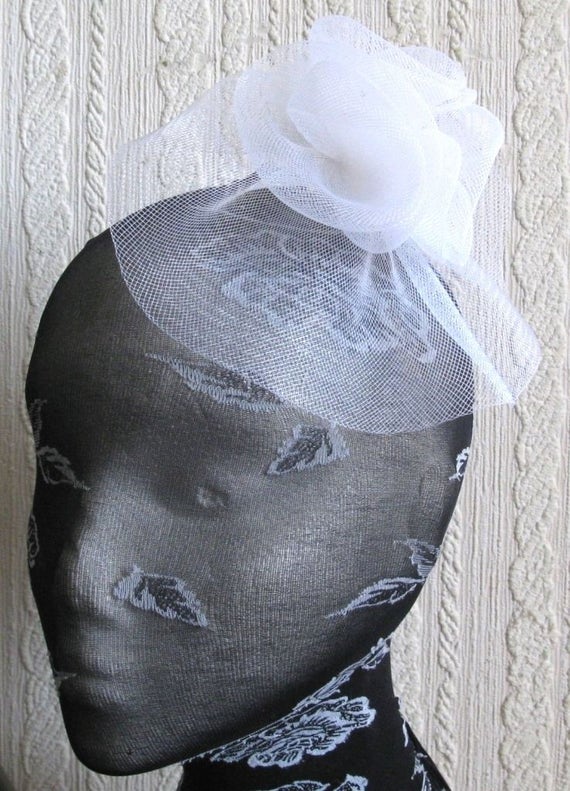white crin flower netting fascinator millinery burlesque hair clip brooch hen party bridal ascot race fancy dress british