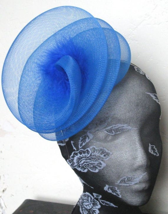 blue feather fascinator millinery burlesque headband wedding hat hair piece