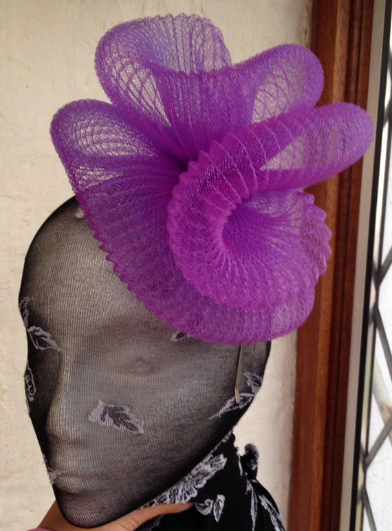 purple feather fascinator millinery burlesque headband wedding hat hair piece