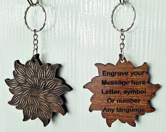 personalised custom made bespoke solid hard wood key chain keyring mandala flower pattern laser cut engraved wenge padauk camphor chinaberry
