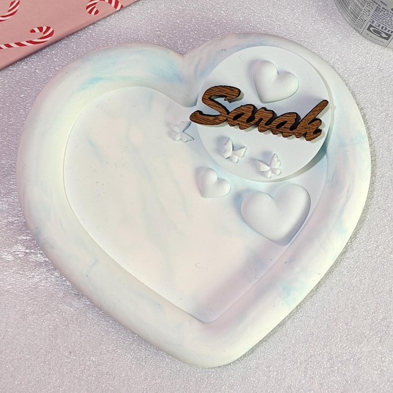Custom hand made personalised bespoke real hard solid wood laser cut name word plaster gypsum jewellery coin trinket key tray dish plate