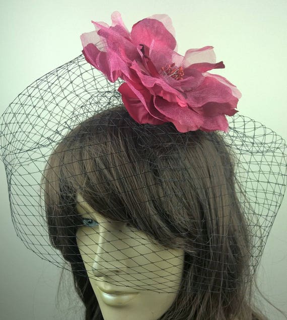 dark red satin flower black french veil veiling fascinator millinery burlesque hair clip hen party bridal ascot race fancy dress british