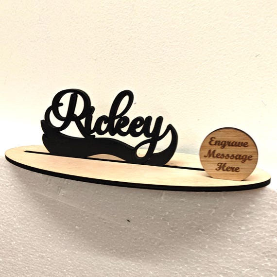 Black personalised custom made laser cut engraved wood wooden letter name word number desk table stand plaque sign logo design office home