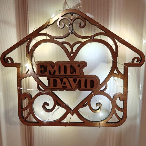 Personalised bespoke house laser cut engraved wood name word desk table stand free standing wall door plaque sign logo design fairy light