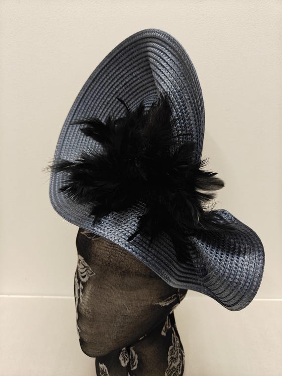 blue black large straw fascinator flower millinery burlesque wedding hat on headband ascot party race cosplay handmade unique design