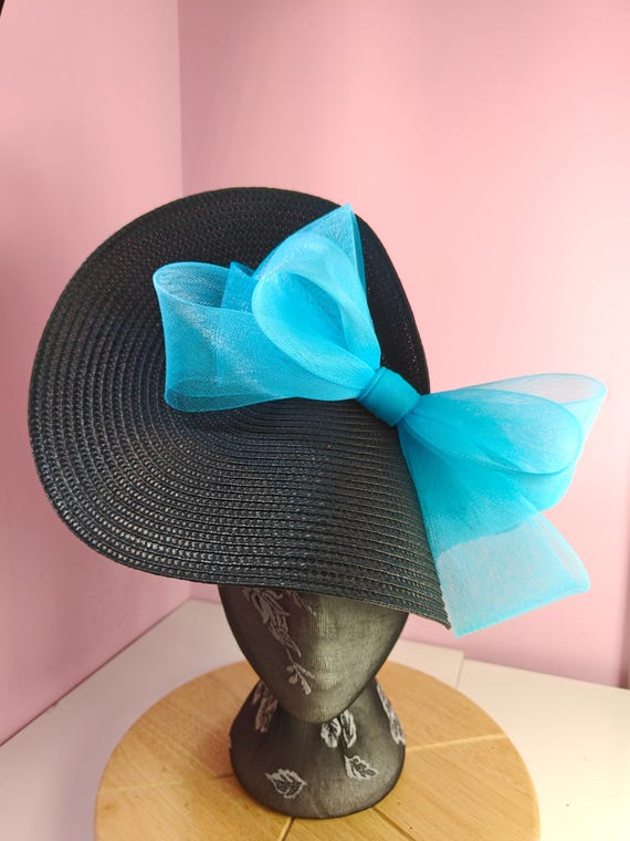 black turquoise straw crinoline bow fascinator millinery burlesque wedding hat on headband royal ascot party house race Kentucky derby