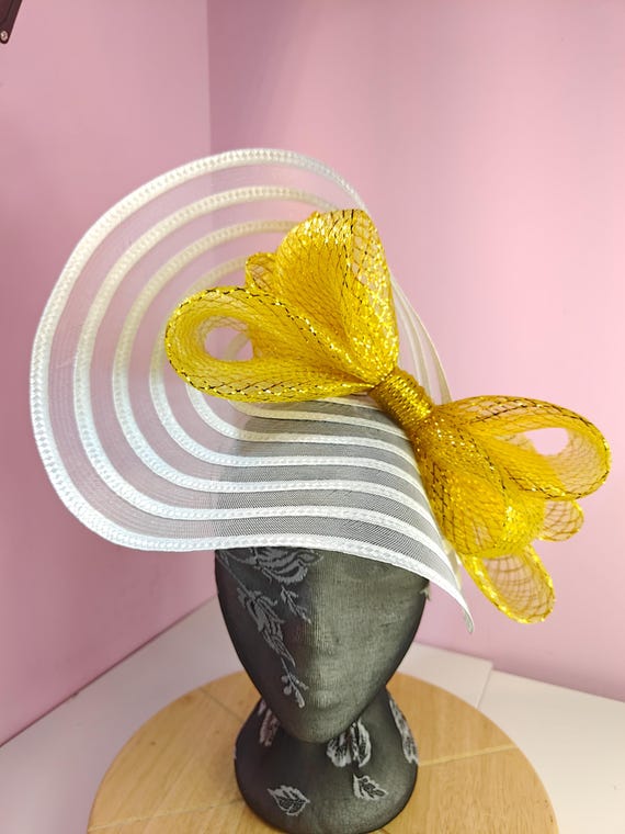 white gold straw crinoline bow fascinator millinery burlesque wedding hat headband royal ascot party house race cosplay Kentucky derby