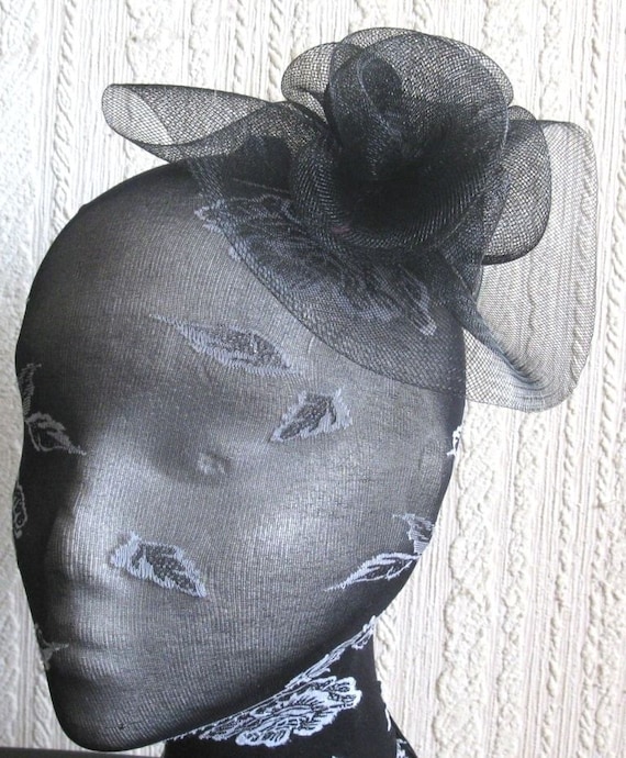black crin flower netting fascinator millinery burlesque hair clip brooch hen party bridal ascot race fancy dress british